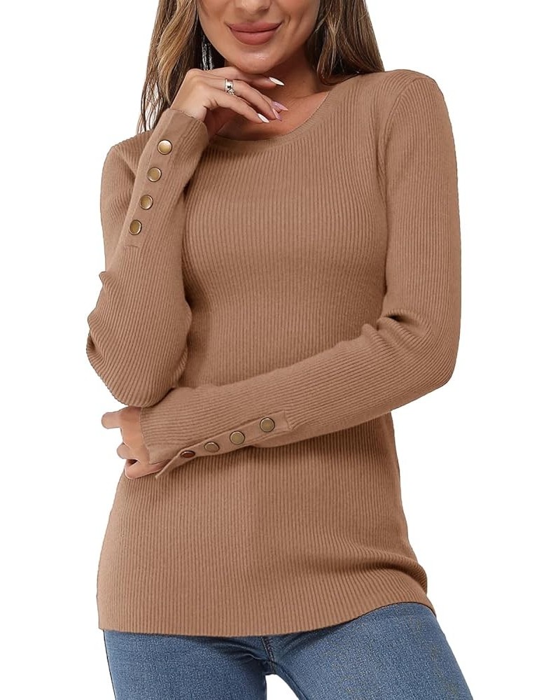 Women's Solid Long Sleeve Knit Crew Neck Button Stretch Casual Pullover Sweater long sleeve Dark Apricot-1 $15.99 Sweaters