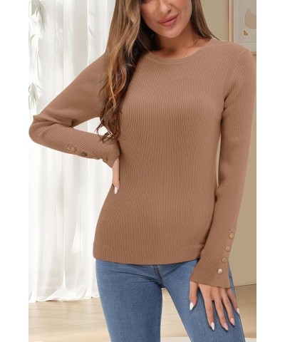 Women's Solid Long Sleeve Knit Crew Neck Button Stretch Casual Pullover Sweater long sleeve Dark Apricot-1 $15.99 Sweaters