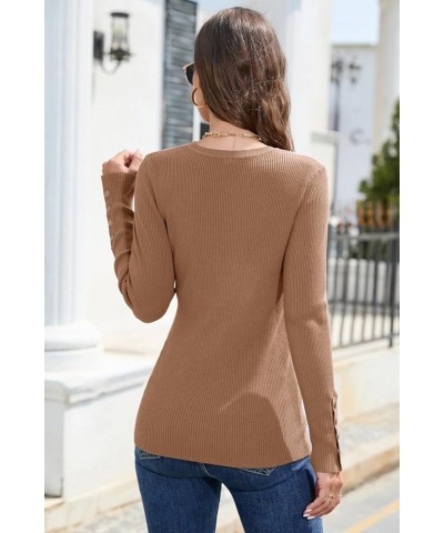 Women's Solid Long Sleeve Knit Crew Neck Button Stretch Casual Pullover Sweater long sleeve Dark Apricot-1 $15.99 Sweaters