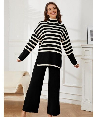 Women's Sweater Sets Long Sleeve Striped Jumper Tops Casual Knit Wide Leg Pants Sets Black $29.69 Activewear