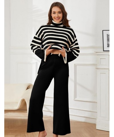 Women's Sweater Sets Long Sleeve Striped Jumper Tops Casual Knit Wide Leg Pants Sets Black $29.69 Activewear