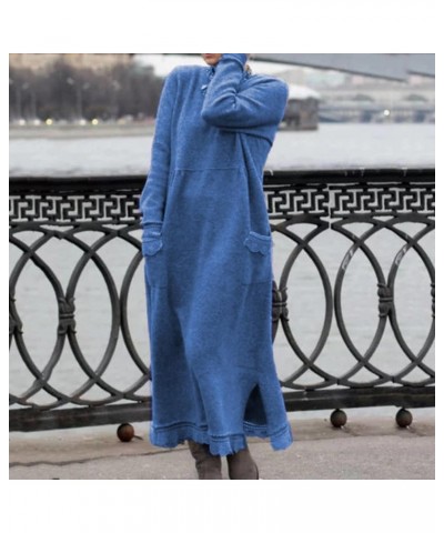 Women Long Sleeve Loose Plain Maxi Dresses Muffler Neck Hood Solid Color Stitching Casual Long Dresses Pockets D-blue $7.36 D...