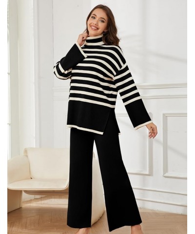 Women's Sweater Sets Long Sleeve Striped Jumper Tops Casual Knit Wide Leg Pants Sets Black $29.69 Activewear