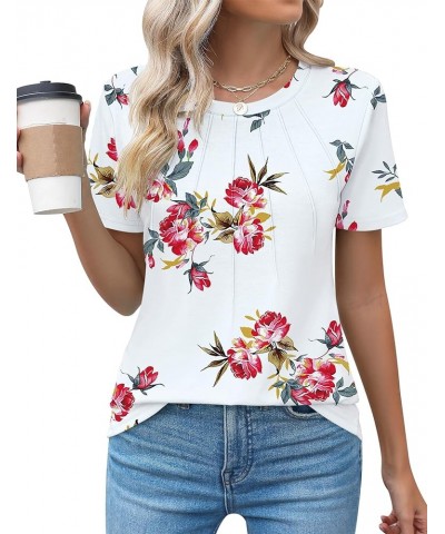 Womens Casual Crew Neck Short Sleeve Pleated Tops Blouses Fashion Clothes 2024 A2 Floral White Red $13.67 T-Shirts