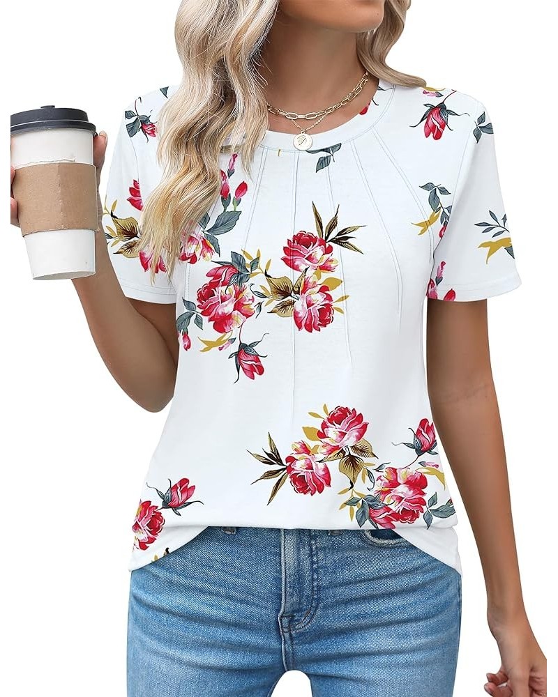 Womens Casual Crew Neck Short Sleeve Pleated Tops Blouses Fashion Clothes 2024 A2 Floral White Red $13.67 T-Shirts