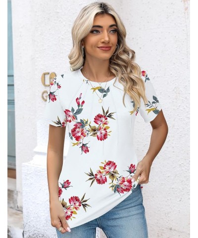 Womens Casual Crew Neck Short Sleeve Pleated Tops Blouses Fashion Clothes 2024 A2 Floral White Red $13.67 T-Shirts