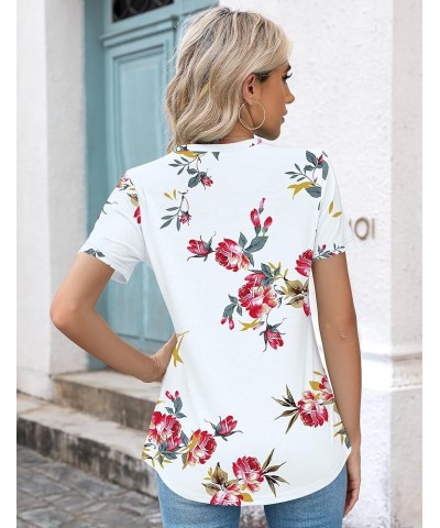 Womens Casual Crew Neck Short Sleeve Pleated Tops Blouses Fashion Clothes 2024 A2 Floral White Red $13.67 T-Shirts