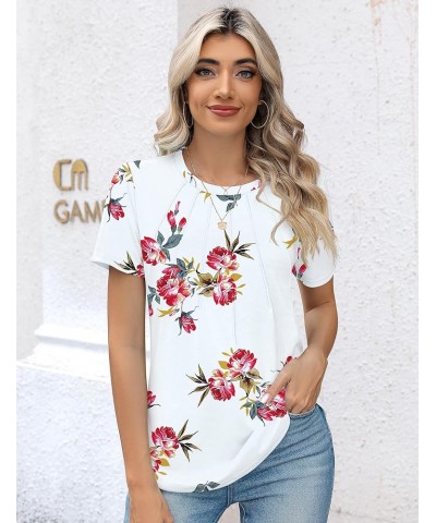 Womens Casual Crew Neck Short Sleeve Pleated Tops Blouses Fashion Clothes 2024 A2 Floral White Red $13.67 T-Shirts