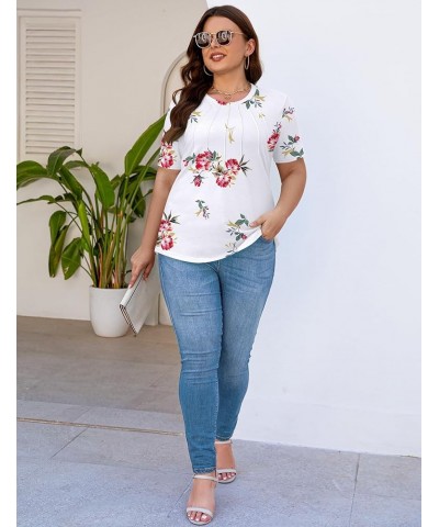 Womens Casual Crew Neck Short Sleeve Pleated Tops Blouses Fashion Clothes 2024 A2 Floral White Red $13.67 T-Shirts