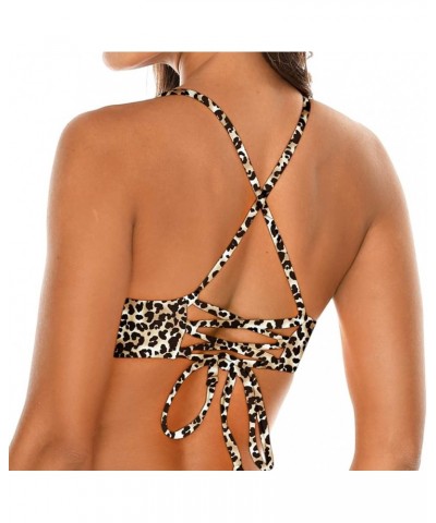 Women's Strappy Bikini Tops Padded Swimsuit Lace Up Adjustable Bathing Suit Top Leopard $13.49 Swimsuits