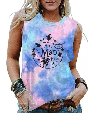 Alice in Wonderland Tank Tops for Women Summer Vacation Shirts We're All Mad Here Graphic Print Sleeveless Tees Tie Dye Pink ...