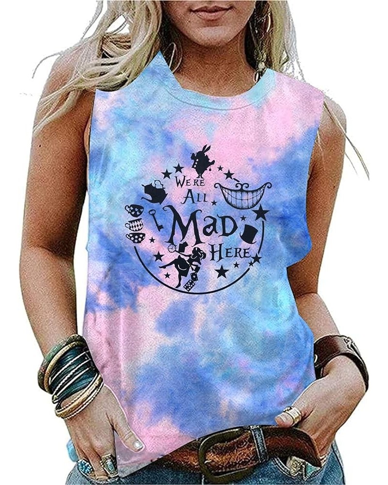 Alice in Wonderland Tank Tops for Women Summer Vacation Shirts We're All Mad Here Graphic Print Sleeveless Tees Tie Dye Pink ...