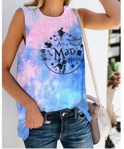 Alice in Wonderland Tank Tops for Women Summer Vacation Shirts We're All Mad Here Graphic Print Sleeveless Tees Tie Dye Pink ...