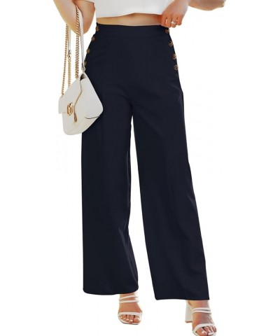 High Waisted Wide Leg Pants for Women Office Work Teachers Pants with Side Buttons Navy Blue $20.99 Pants