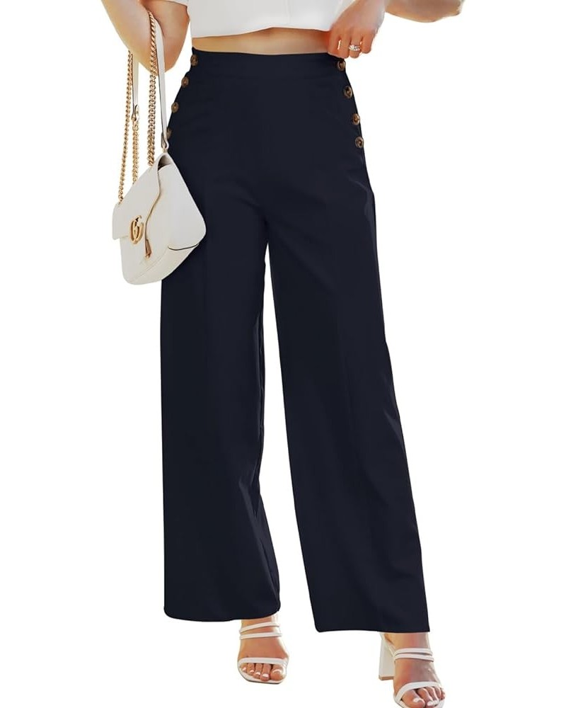 High Waisted Wide Leg Pants for Women Office Work Teachers Pants with Side Buttons Navy Blue $20.99 Pants