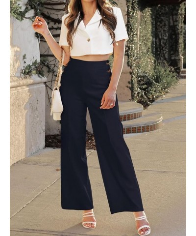 High Waisted Wide Leg Pants for Women Office Work Teachers Pants with Side Buttons Navy Blue $20.99 Pants