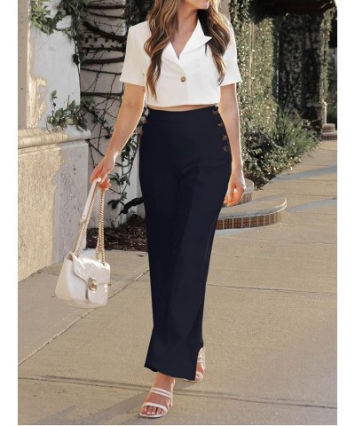 High Waisted Wide Leg Pants for Women Office Work Teachers Pants with Side Buttons Navy Blue $20.99 Pants