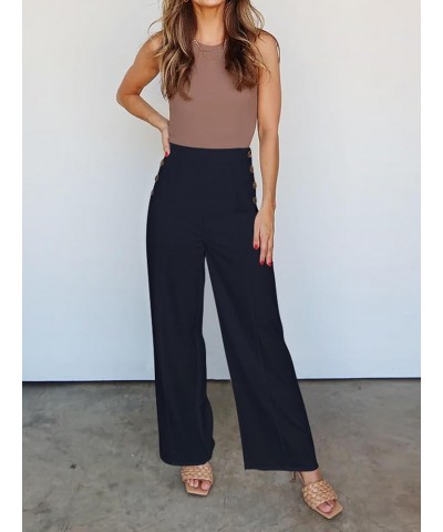 High Waisted Wide Leg Pants for Women Office Work Teachers Pants with Side Buttons Navy Blue $20.99 Pants