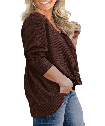 Womens Plus Size Tops Long/Short Sleeve V Neck Waffle Knit Tunic Blouse Tie Front Button Up T Shirts 02 long sleeve C24-choco...