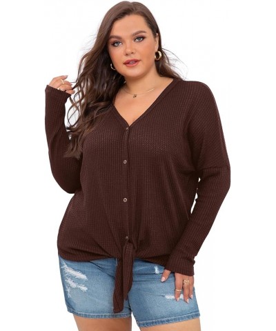 Womens Plus Size Tops Long/Short Sleeve V Neck Waffle Knit Tunic Blouse Tie Front Button Up T Shirts 02 long sleeve C24-choco...