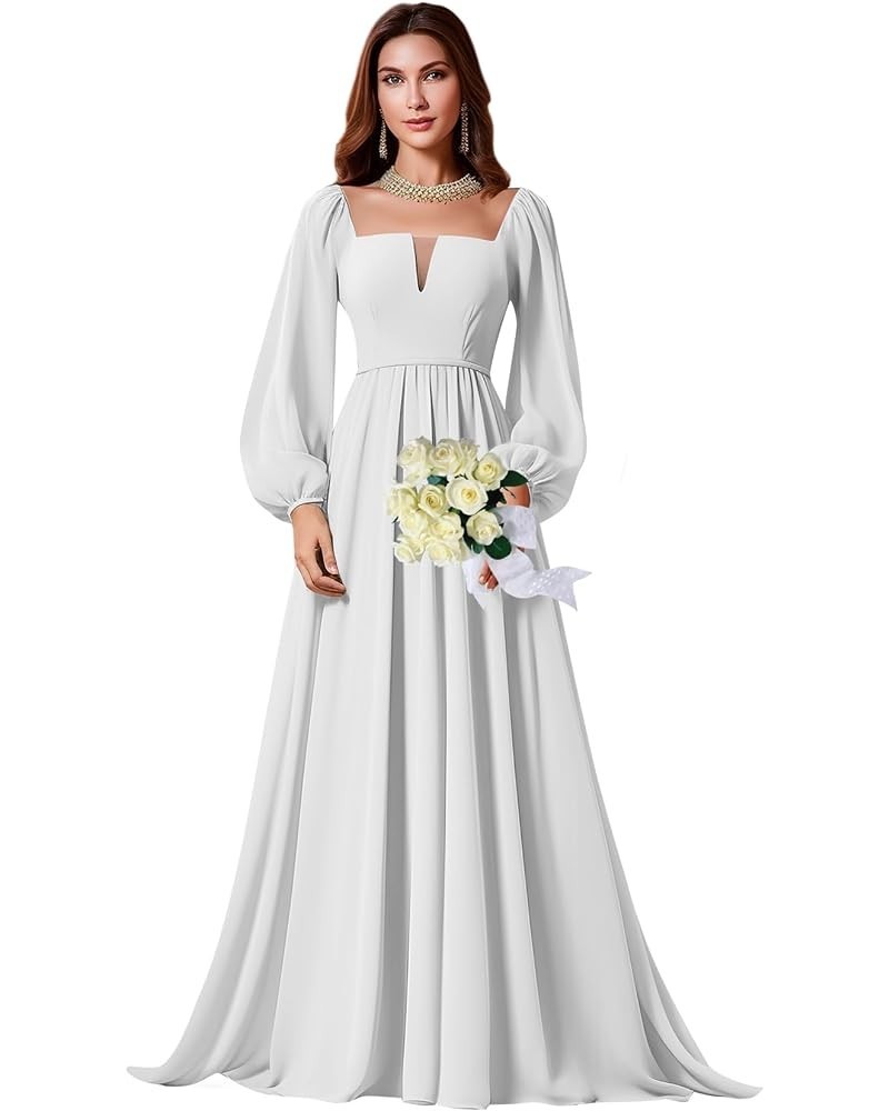 Long Sleeve Bridesmaid Dress for Women A-Line Chiffon Square Neck Formal Party Gown with Pockets White $23.65 Dresses