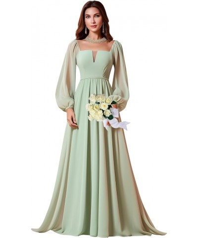 Long Sleeve Bridesmaid Dress for Women A-Line Chiffon Square Neck Formal Party Gown with Pockets White $23.65 Dresses