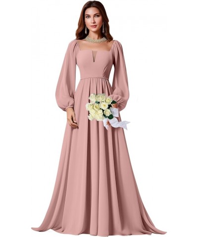 Long Sleeve Bridesmaid Dress for Women A-Line Chiffon Square Neck Formal Party Gown with Pockets White $23.65 Dresses