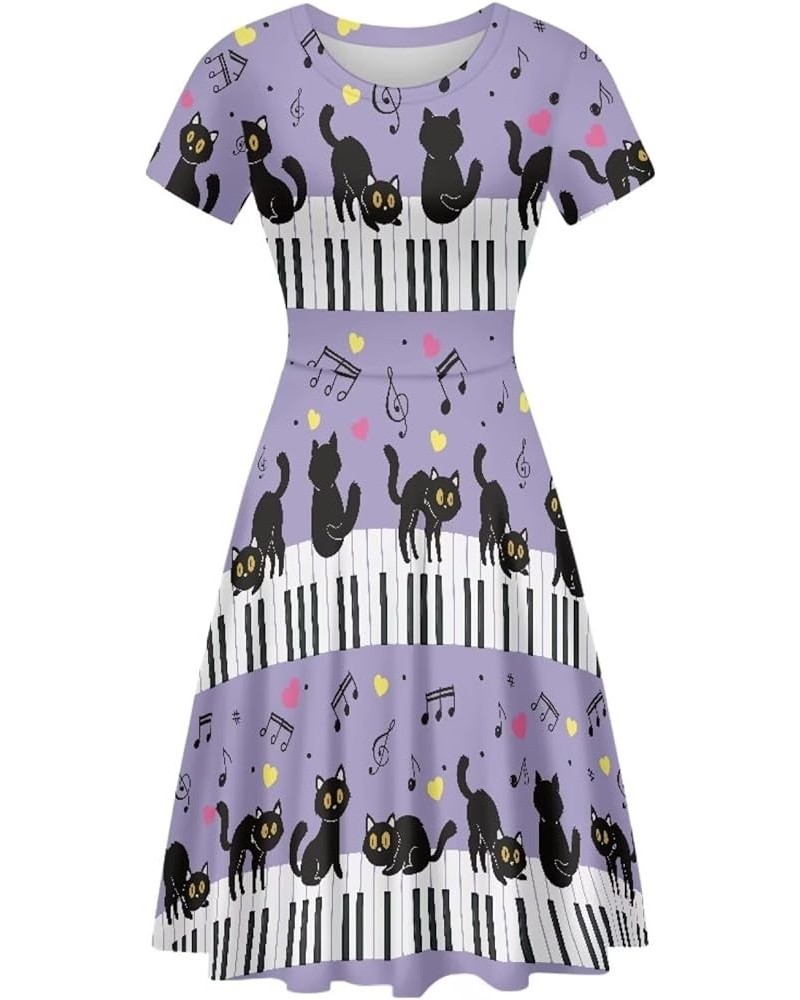 Sunflower Dress for Women Floral Summer Dresses Short Sleeve Casual Sundresses Midi Dresses Music Piano Black Cats Purple $13...