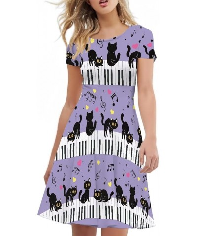 Sunflower Dress for Women Floral Summer Dresses Short Sleeve Casual Sundresses Midi Dresses Music Piano Black Cats Purple $13...