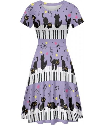 Sunflower Dress for Women Floral Summer Dresses Short Sleeve Casual Sundresses Midi Dresses Music Piano Black Cats Purple $13...