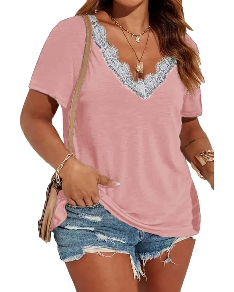 Plus-Size Tops for Women Short Sleeve T Shirts Lace V Neck Tops XL-5XL Pink $15.33 T-Shirts