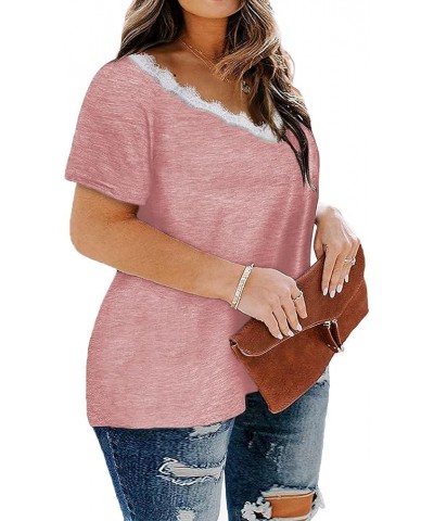 Plus-Size Tops for Women Short Sleeve T Shirts Lace V Neck Tops XL-5XL Pink $15.33 T-Shirts