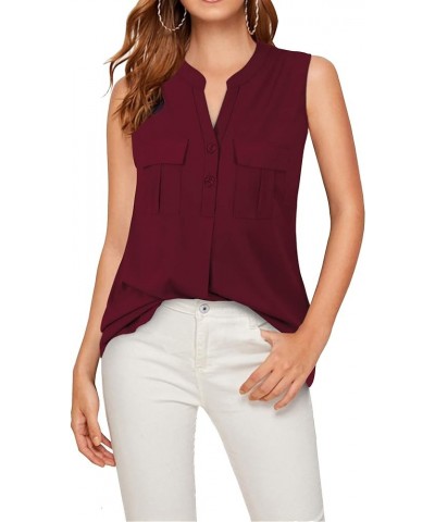 Women's V Neck Chiffon Blouse Business Casual Button Down Shirts Burgundy $11.19 Blouses