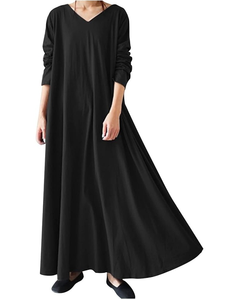 Womens Basic Maxi Long Dresses Oversized Dresses for Women Long Sleeve V Neck Vacation Fall Winter Dresses 2024 P-86 Black $9...