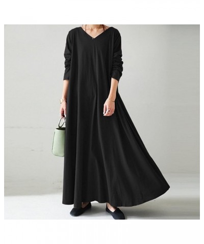 Womens Basic Maxi Long Dresses Oversized Dresses for Women Long Sleeve V Neck Vacation Fall Winter Dresses 2024 P-86 Black $9...