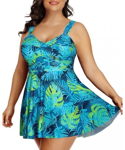 Plus Size Two Piece Swimsuits for Women Tankini Bathing Suits Flowy Swim Dress with Shorts Blue Leaves $17.33 Swimsuits