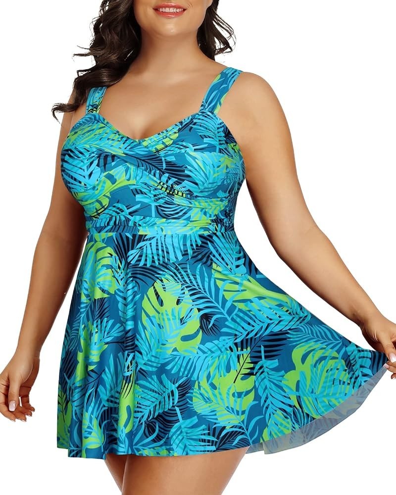 Plus Size Two Piece Swimsuits for Women Tankini Bathing Suits Flowy Swim Dress with Shorts Blue Leaves $17.33 Swimsuits