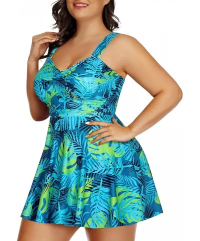 Plus Size Two Piece Swimsuits for Women Tankini Bathing Suits Flowy Swim Dress with Shorts Blue Leaves $17.33 Swimsuits