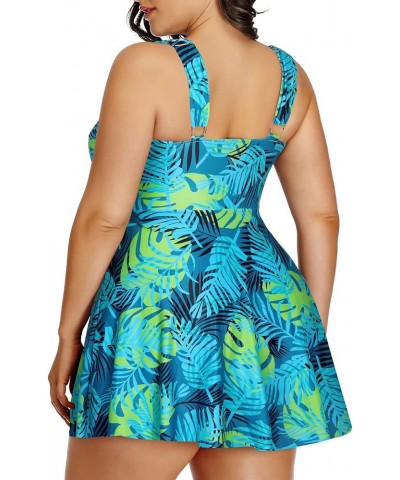 Plus Size Two Piece Swimsuits for Women Tankini Bathing Suits Flowy Swim Dress with Shorts Blue Leaves $17.33 Swimsuits