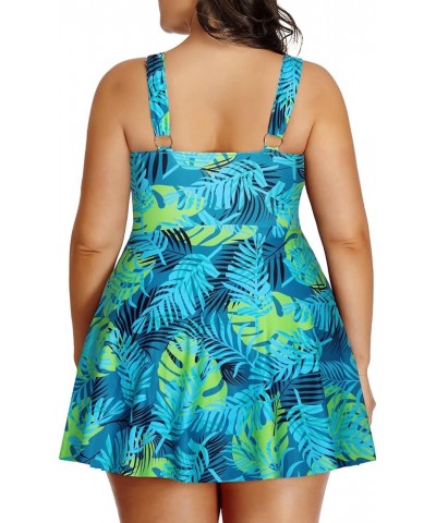 Plus Size Two Piece Swimsuits for Women Tankini Bathing Suits Flowy Swim Dress with Shorts Blue Leaves $17.33 Swimsuits