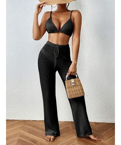 Women's Crochet Beach Pants Drawstring Waist Bikini Swimsuit Sheer Cover Up Pants Black $19.94 Swimsuits