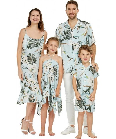 Matchable Family Hawaiian Luau Men Women Girl Boy Clothes in Wispy Cereus Light Blue Women Women Wrap Ruffle $10.60 Blouses