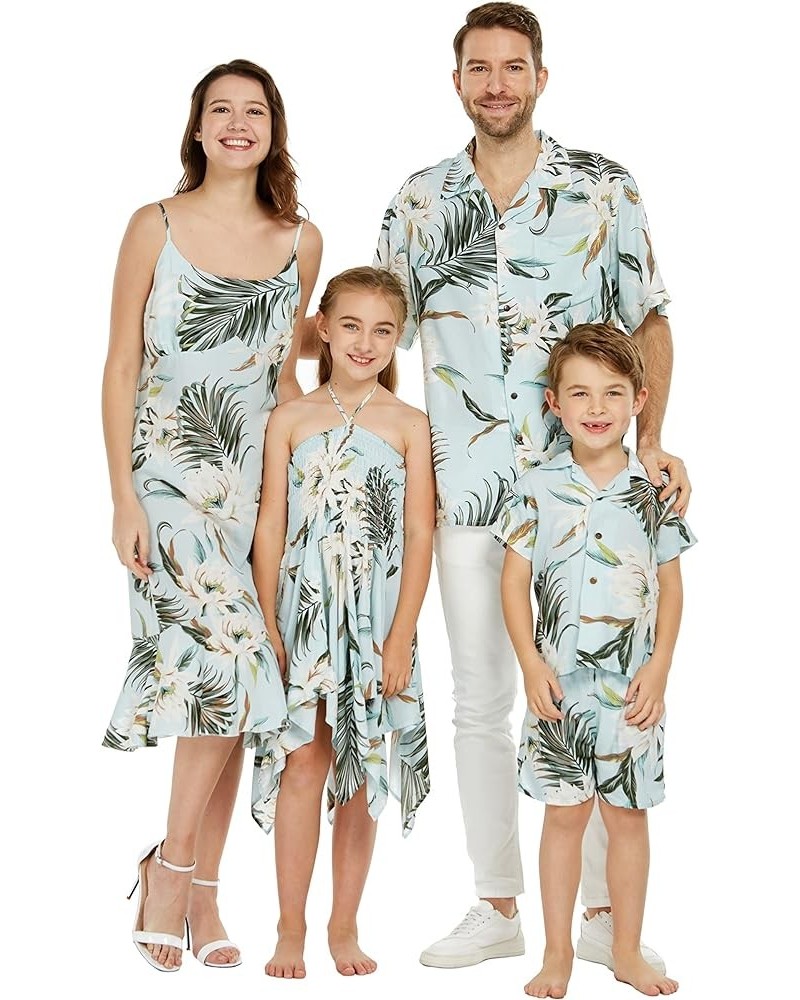 Matchable Family Hawaiian Luau Men Women Girl Boy Clothes in Wispy Cereus Light Blue Women Women Wrap Ruffle $10.60 Blouses