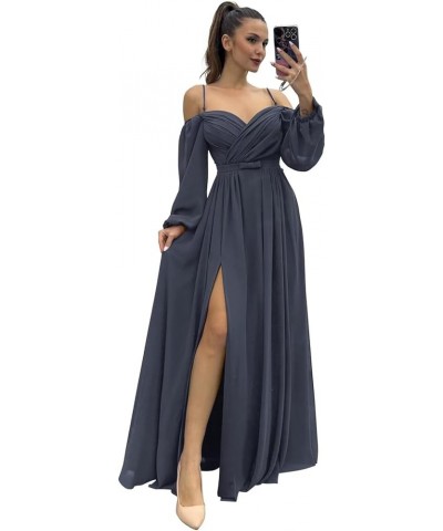 Long Sleeves Bridesmaid Dresses with Pockets for Wedding Chiffon Ruched Maxi Evening Party Dresses for Women Stormy Blue $27....