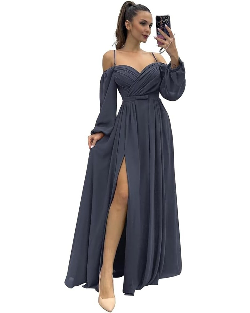 Long Sleeves Bridesmaid Dresses with Pockets for Wedding Chiffon Ruched Maxi Evening Party Dresses for Women Stormy Blue $27....