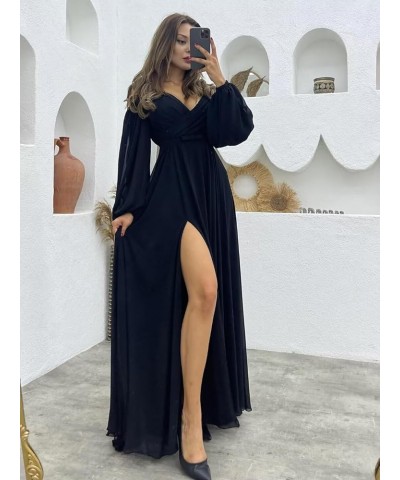 Long Sleeves Bridesmaid Dresses with Pockets for Wedding Chiffon Ruched Maxi Evening Party Dresses for Women Stormy Blue $27....