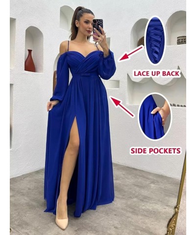 Long Sleeves Bridesmaid Dresses with Pockets for Wedding Chiffon Ruched Maxi Evening Party Dresses for Women Stormy Blue $27....