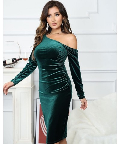 Womens One Off Shoulder Midi Dress Long Sleeve Velvet Sexy Bodycon Party Pencil Dress Y Green $22.54 Dresses