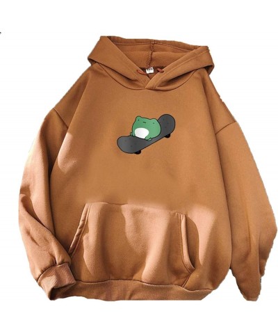 Women's Cute Hooded Sweatshirts Cartoon Frog Print Long Sleeve Hoodie Pullover Drawstring Tops Brown28 $14.30 Hoodies & Sweat...