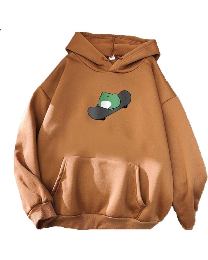 Women's Cute Hooded Sweatshirts Cartoon Frog Print Long Sleeve Hoodie Pullover Drawstring Tops Brown28 $14.30 Hoodies & Sweat...